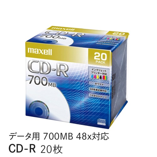 マクセル maxell データ用 CD-R 48倍速対応 インクジェットプリンター対応（ノンワイド） 700MB 5mmPケース 20枚 CDR700S.PNW.20S